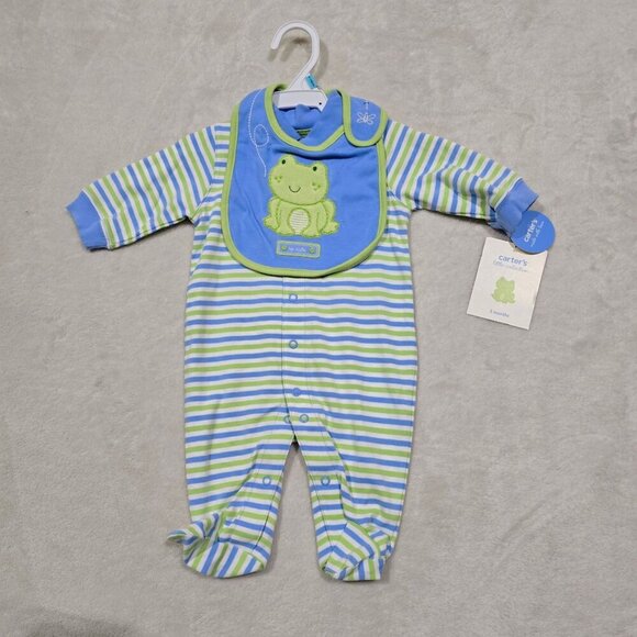 Carter’s ✦ Baby Sleep & Play ✦ 3M Striped Footie + Frog Bib Cotton Outfit NWT - Picture 2 of 9